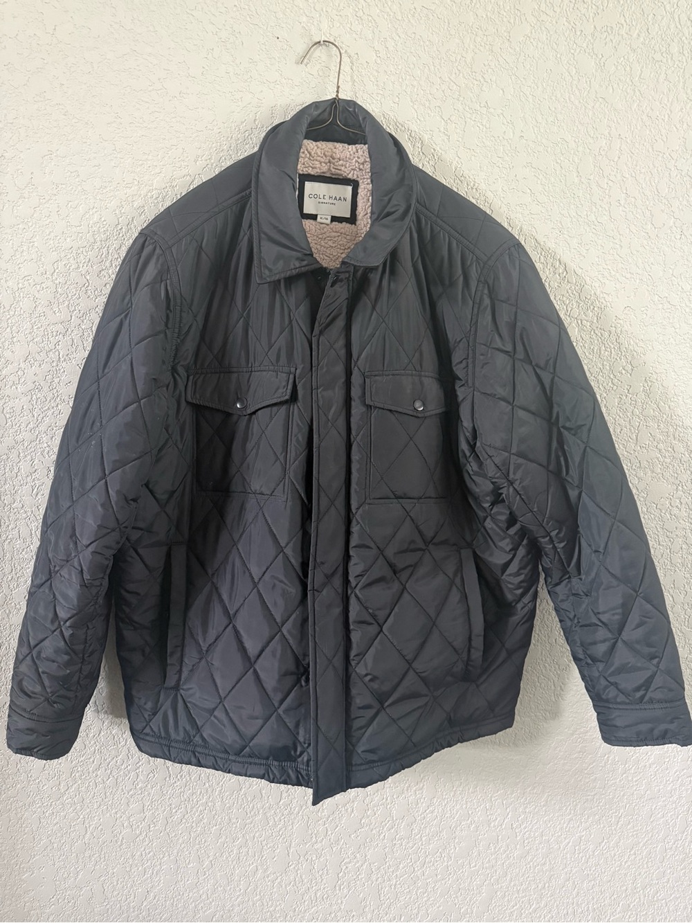 Cole Haan Quilted Black Lightweight Jacket with Sherpa Collar